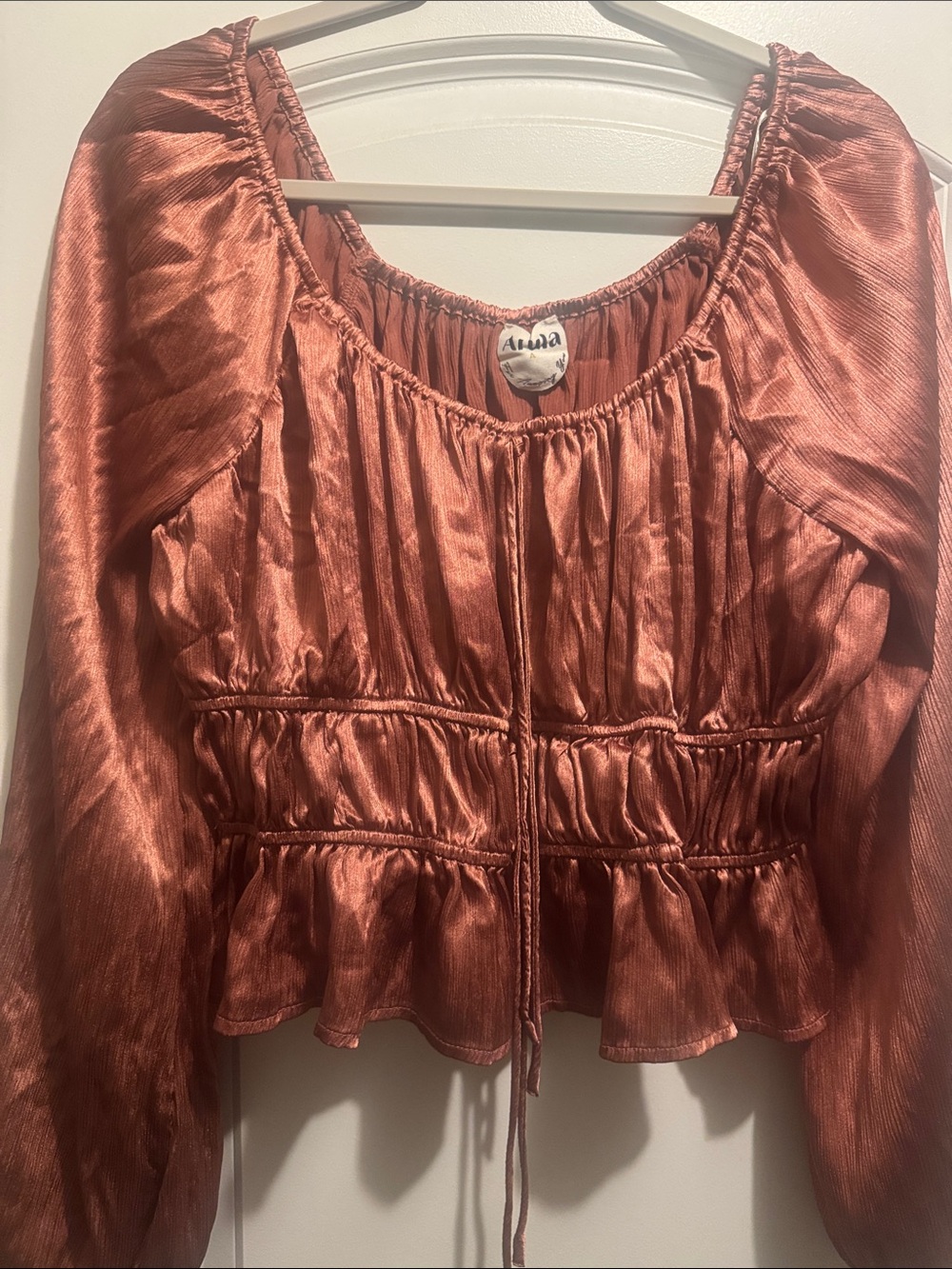 ARULA Rust Satin Peplum Tie-Front Blouse